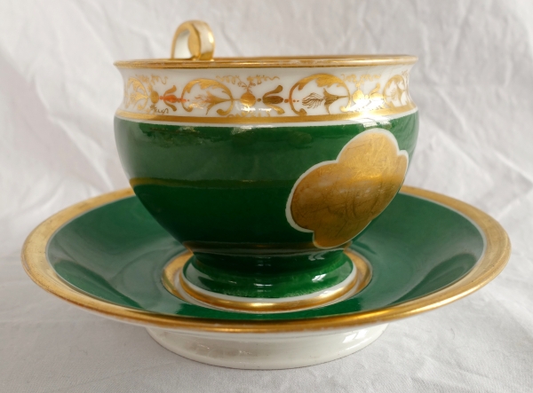 Paris Porcelain chocolate cup, green background enhanced with fine gold - attributed to Nast