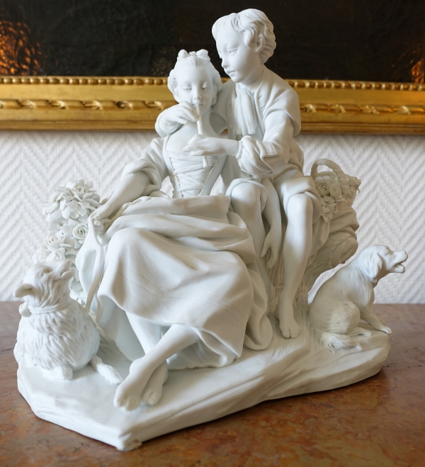 Manufacture de Sèvres : scène galante du XVIIIe siècle - la leçon de flûte, groupe en biscuit de porcelaine signé