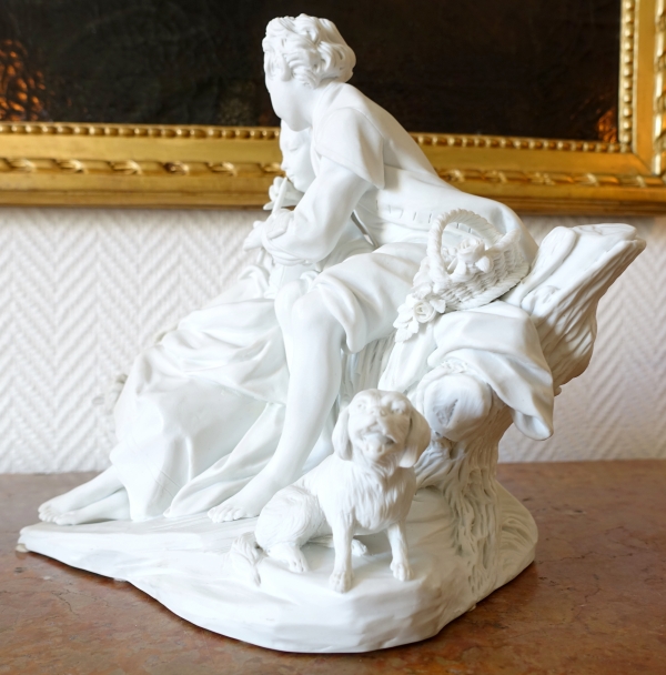 Manufacture de Sèvres : scène galante du XVIIIe siècle - la leçon de flûte, groupe en biscuit de porcelaine signé