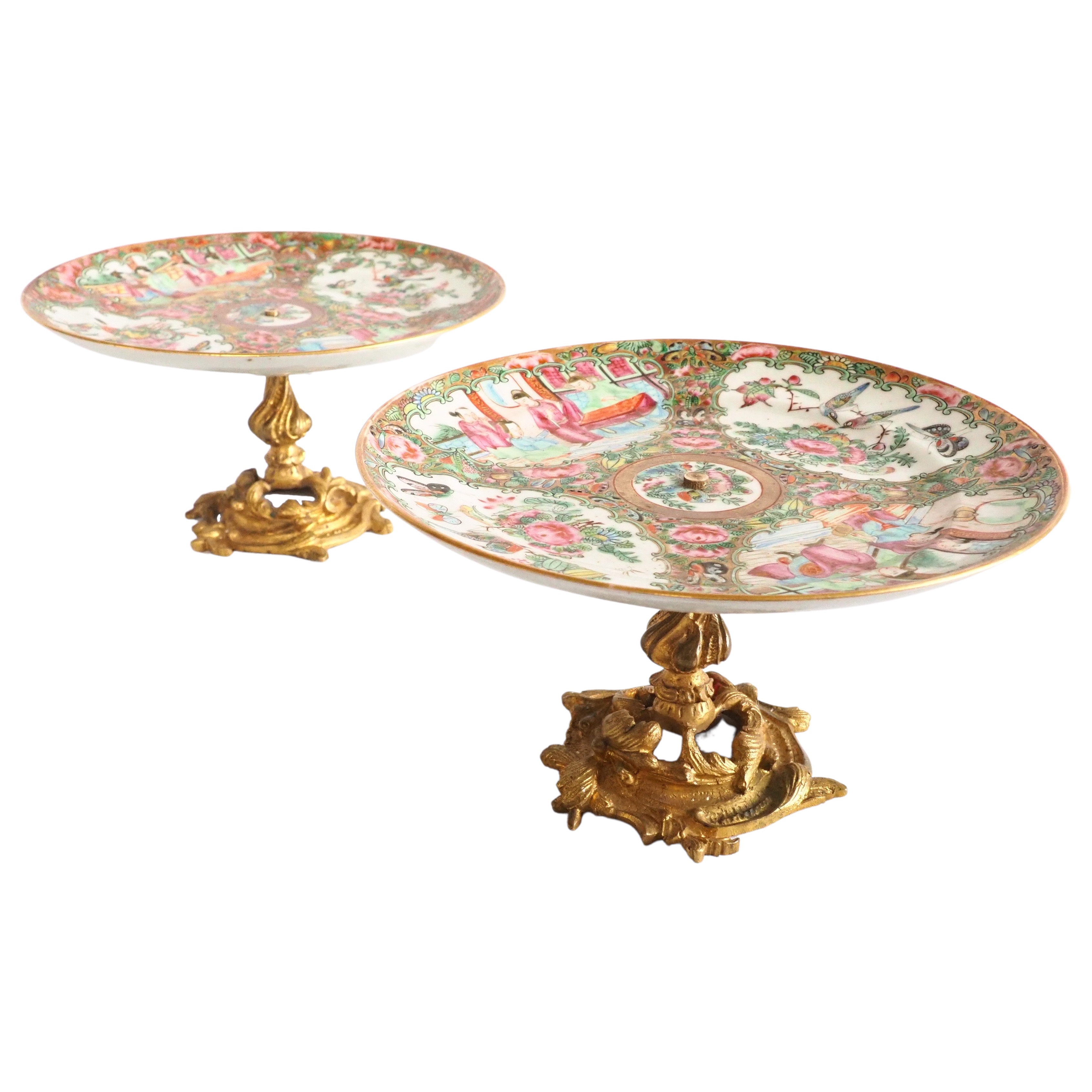 Pair of Canton porcelain plates / dishes, China, gilt bronze frame, 19th century production