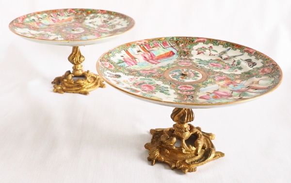 Pair of Canton porcelain plates / dishes, China, gilt bronze frame, 19th century production