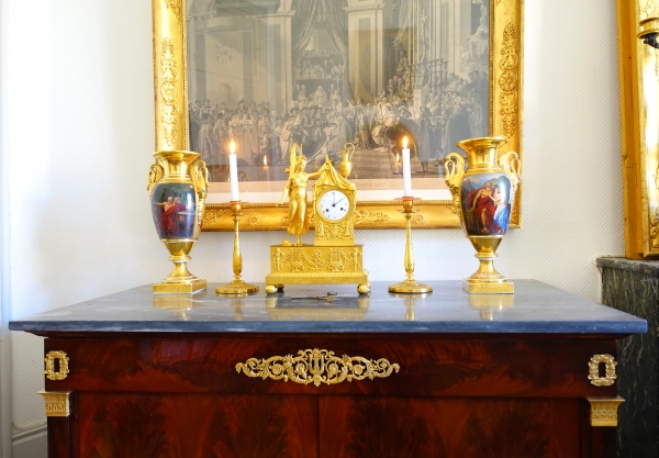 Pair of tall Empire polychromatic and gilt porcelain vases - antique scenes - 41cm