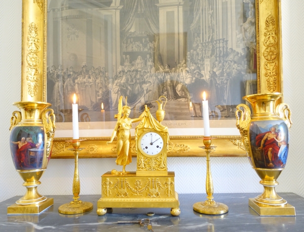 Pair of tall Empire polychromatic and gilt porcelain vases - antique scenes - 41cm