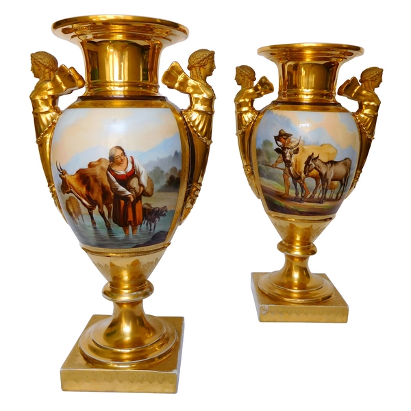 Tall Empire porcelain vases, Felly Manufacture in Paris, early 19th century - 37cm