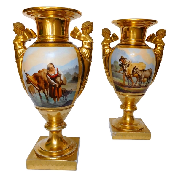 Grande paire de vases en porcelaine d'époque Empire - Manufacture Felly - 37cm