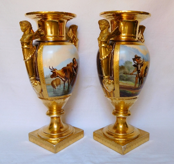 Grande paire de vases en porcelaine d'époque Empire - Manufacture Felly - 37cm