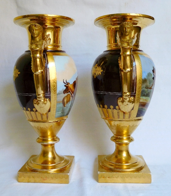 Grande paire de vases en porcelaine d'époque Empire - Manufacture Felly - 37cm