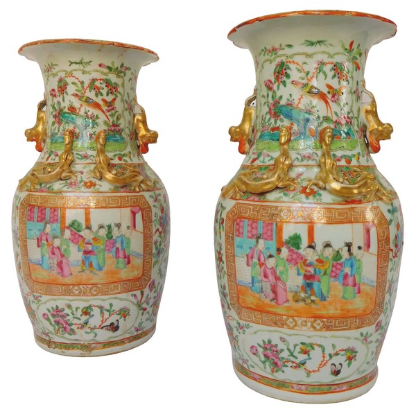 Pair of fine rose Canton porcelain vases / potiches, 19th century - 36cm