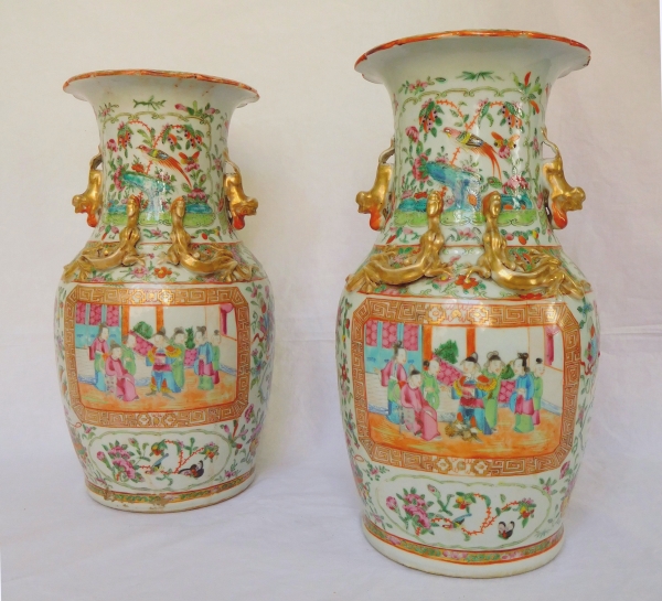 Pair of fine rose Canton porcelain vases / potiches, 19th century - 36cm