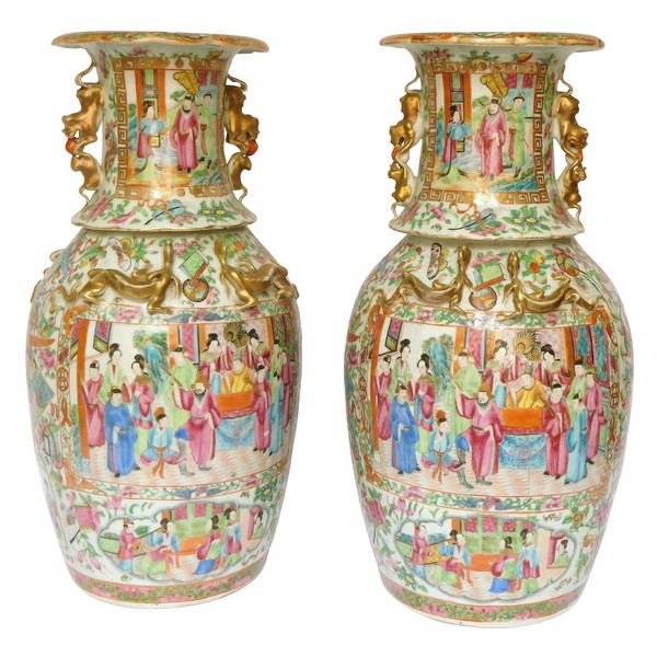 Pair of fine rose Canton porcelain vases / potiches, 19th century - 42cm