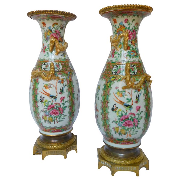 Pair of tall Canton porcelain and ormolu vases / potiches, late 19th century