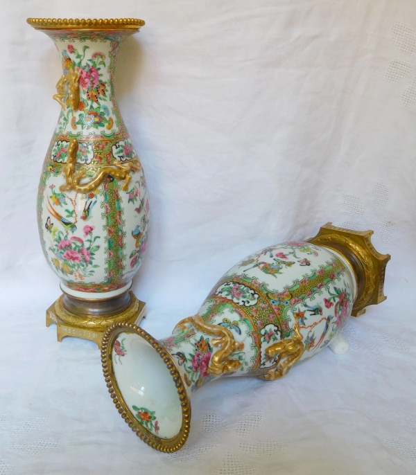 Pair of tall Canton porcelain and ormolu vases / potiches, late 19th century