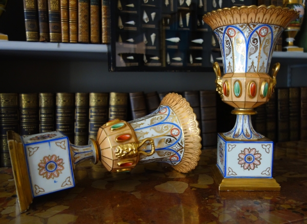 Pair of tall Paris porcelain Neo Renaissance style vases, early 19th century