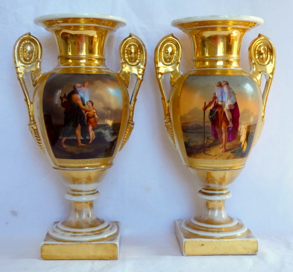 Pair of tall Empire Paris porcelain vases, early 19th century - 32cm