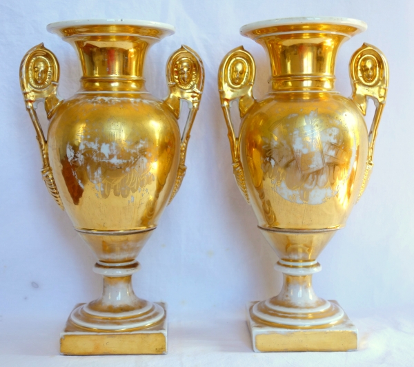 Pair of tall Empire Paris porcelain vases, early 19th century - 32cm