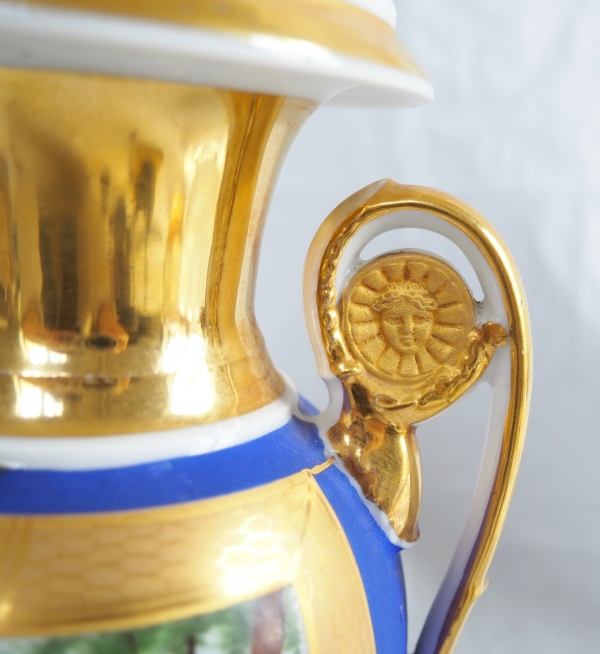 Pair of Empire Paris porcelain and biscuit vases, polychromatic and gilt decoration