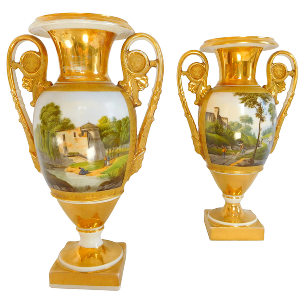 Pair of Paris porcelain Empire vases - Italian landscapes - 25cm