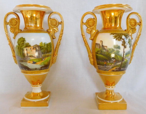 Pair of Paris porcelain Empire vases - Italian landscapes - 25cm