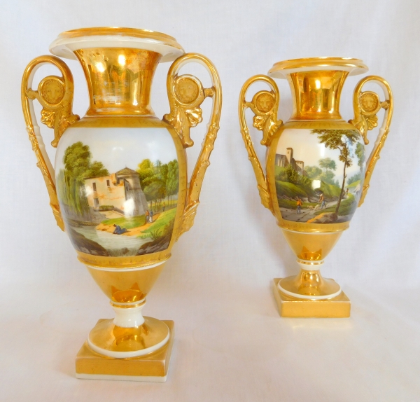 Pair of Paris porcelain Empire vases - Italian landscapes - 25cm