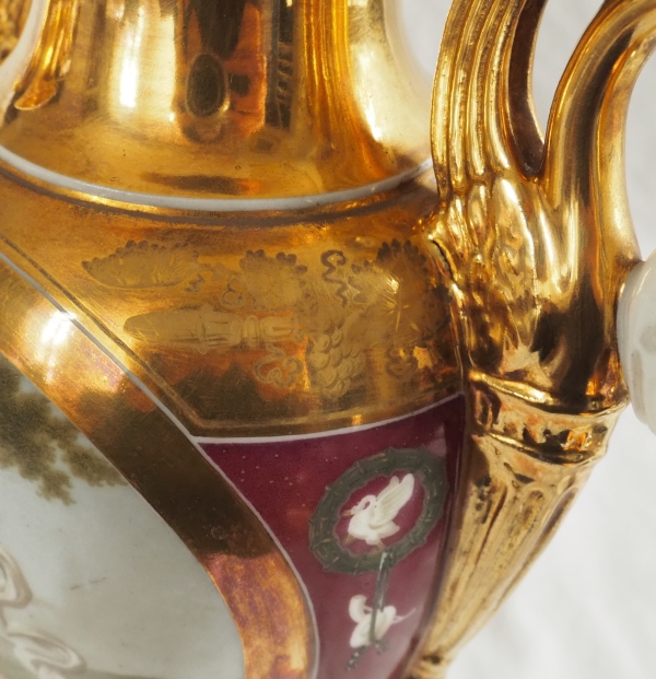 Pair of Empire Paris porcelain vases, polychromatic and gilt decoration - putto stealing eggs