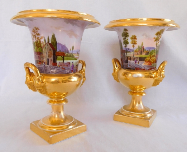 Schoelcher manufacture : pair of tall Empire Medicis vases signed - 27cm