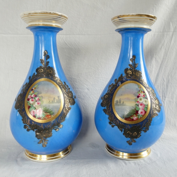Pair of tall polychromatic Paris porcelain vases, Napoleon III period - 33cm