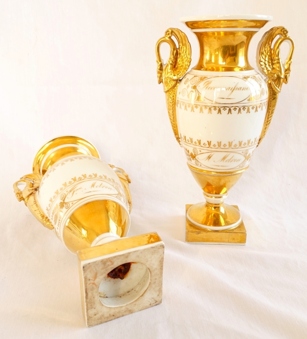 Pair of Empire Paris porcelain vases enhanced with fine gold, early 19th century