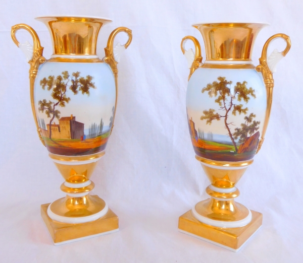 Pair of Paris porcelain Empire vases - Italian landscapes - 27cm