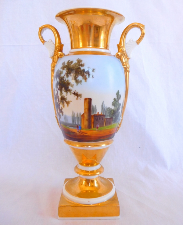 Pair of Paris porcelain Empire vases - Italian landscapes - 27cm