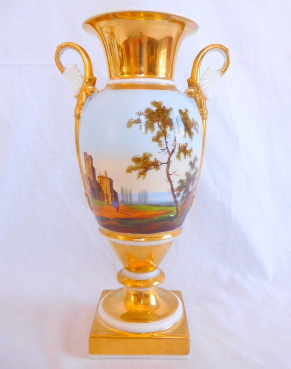 Pair of Paris porcelain Empire vases - Italian landscapes - 27cm