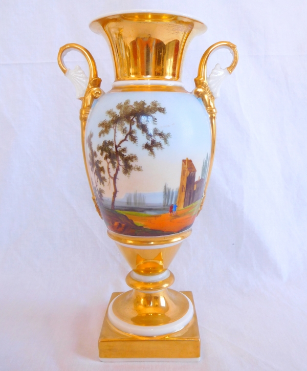Pair of Paris porcelain Empire vases - Italian landscapes - 27cm