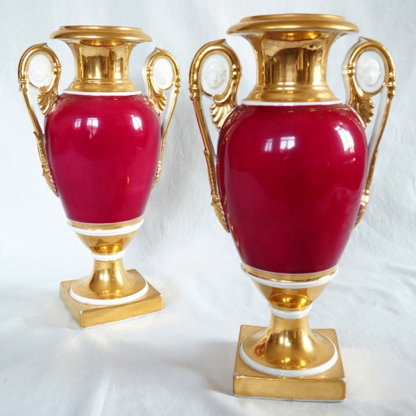 Pair of Empire Paris porcelain vases, polychromatic and gilt decoration - 32.5cm