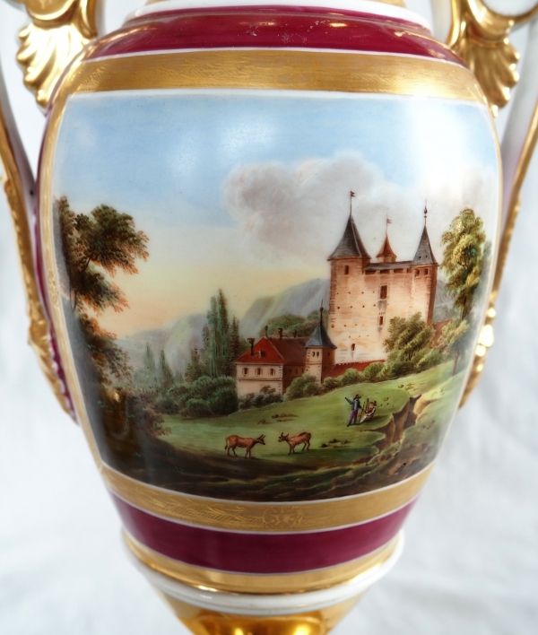 Pair of Empire Paris porcelain vases, polychromatic and gilt decoration - 32.5cm