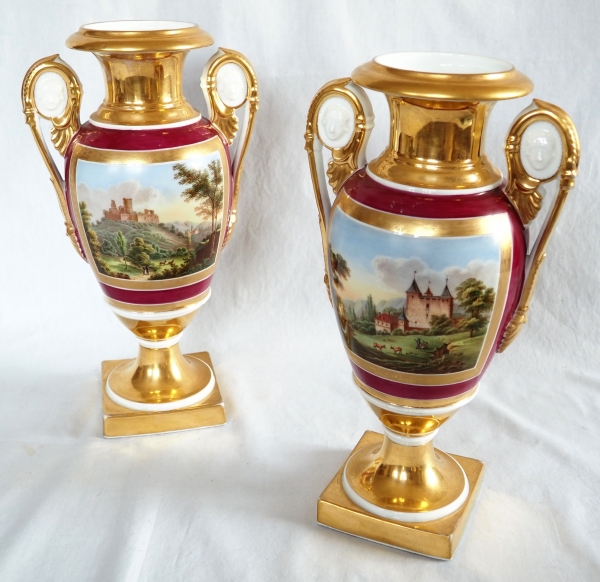 Pair of Empire Paris porcelain vases, polychromatic and gilt decoration - 32.5cm