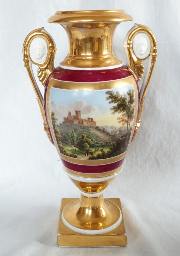 Pair of Empire Paris porcelain vases, polychromatic and gilt decoration - 32.5cm