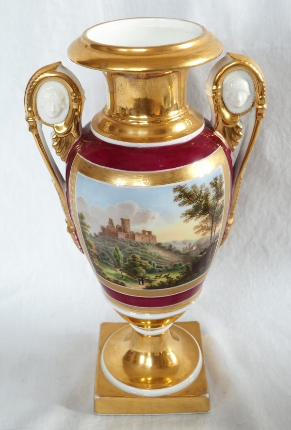 Pair of Empire Paris porcelain vases, polychromatic and gilt decoration - 32.5cm