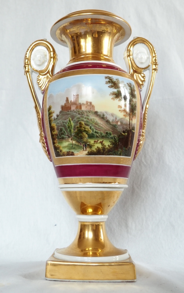 Pair of Empire Paris porcelain vases, polychromatic and gilt decoration - 32.5cm