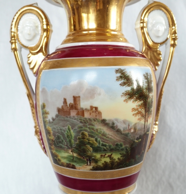 Pair of Empire Paris porcelain vases, polychromatic and gilt decoration - 32.5cm