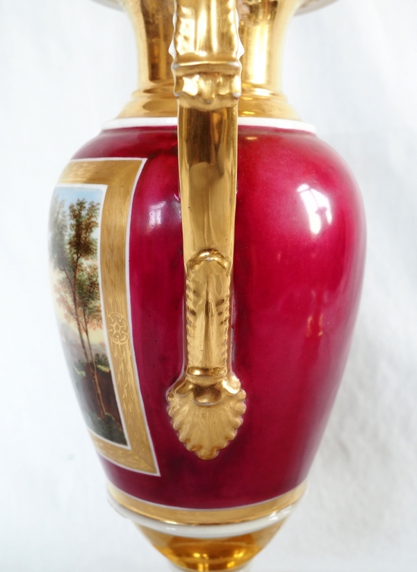 Pair of Empire Paris porcelain vases, polychromatic and gilt decoration - 32.5cm
