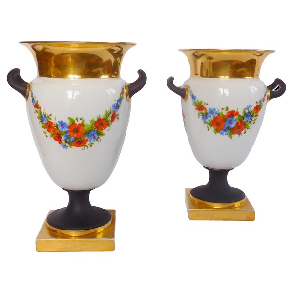 Manufacture Honoré : paire de vases Empire à la grecque en porcelaine polychrome & or