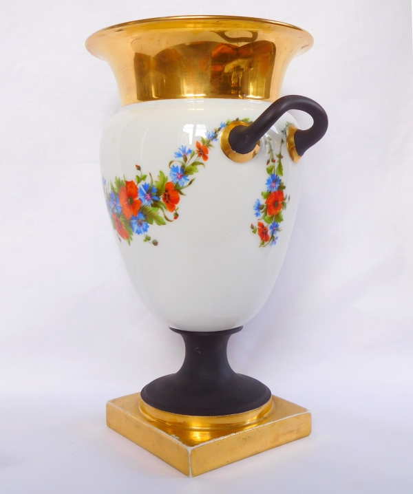 Manufacture Honoré : paire de vases Empire à la grecque en porcelaine polychrome & or