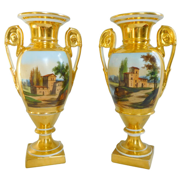 Pair of Paris porcelain Empire polychrome and gilt vases - early 19th century