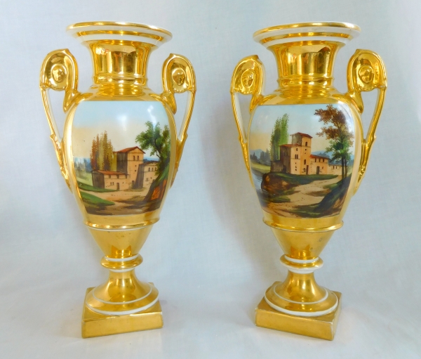 Pair of Paris porcelain Empire polychrome and gilt vases - early 19th century