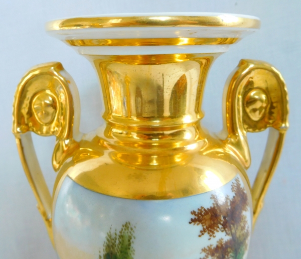 Pair of Paris porcelain Empire polychrome and gilt vases - early 19th century