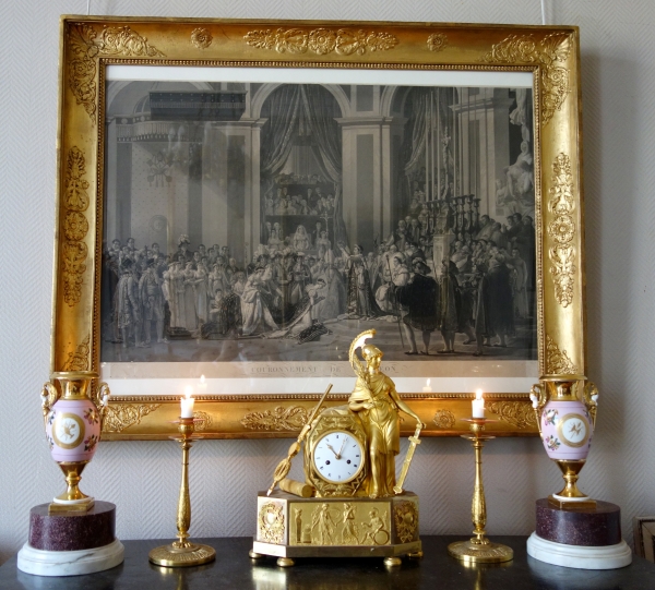 Pair of Paris porcelain Empire vases, pink background enhanced with fine gold, early 19th century