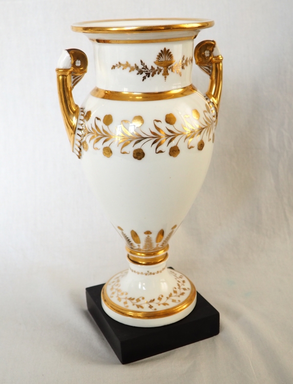 Sevres Manufacture : pair of tall porcelain vases enhanced with fine gold, marble base