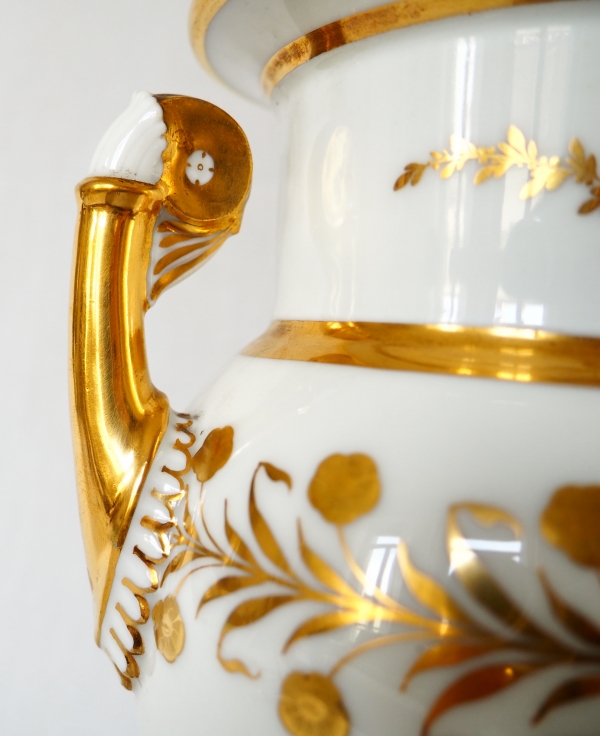 Sevres Manufacture : pair of tall porcelain vases enhanced with fine gold, marble base