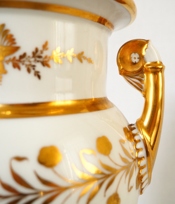 Sevres Manufacture : pair of tall porcelain vases enhanced with fine gold, marble base