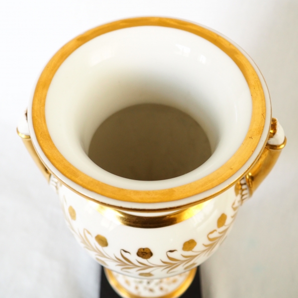 Sevres Manufacture : pair of tall porcelain vases enhanced with fine gold, marble base