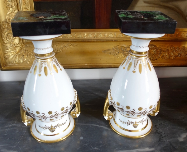Sevres Manufacture : pair of tall porcelain vases enhanced with fine gold, marble base